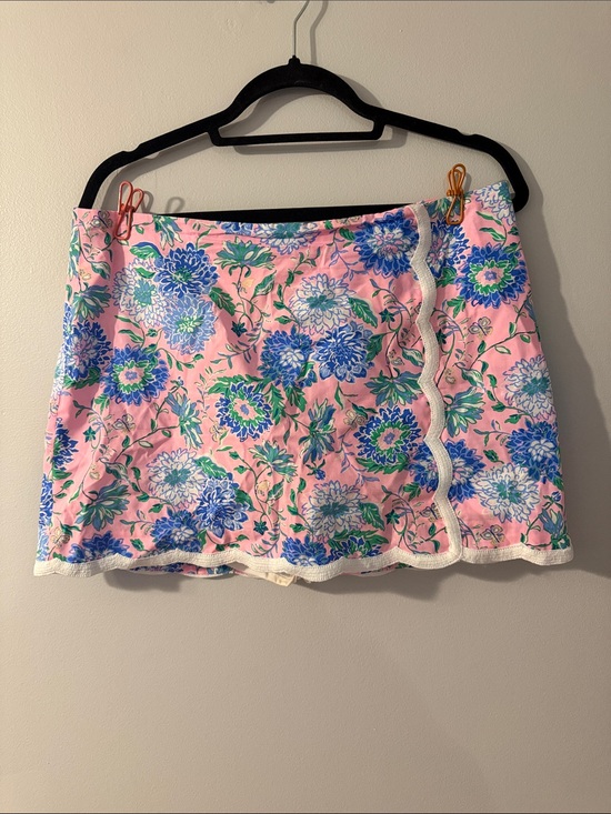 Lilly Pulitzer Dresses & Skirts - Lilly Pulitzer Pink Floral Faux-Wrap Mini Skirt with Blue & Green Blooms
